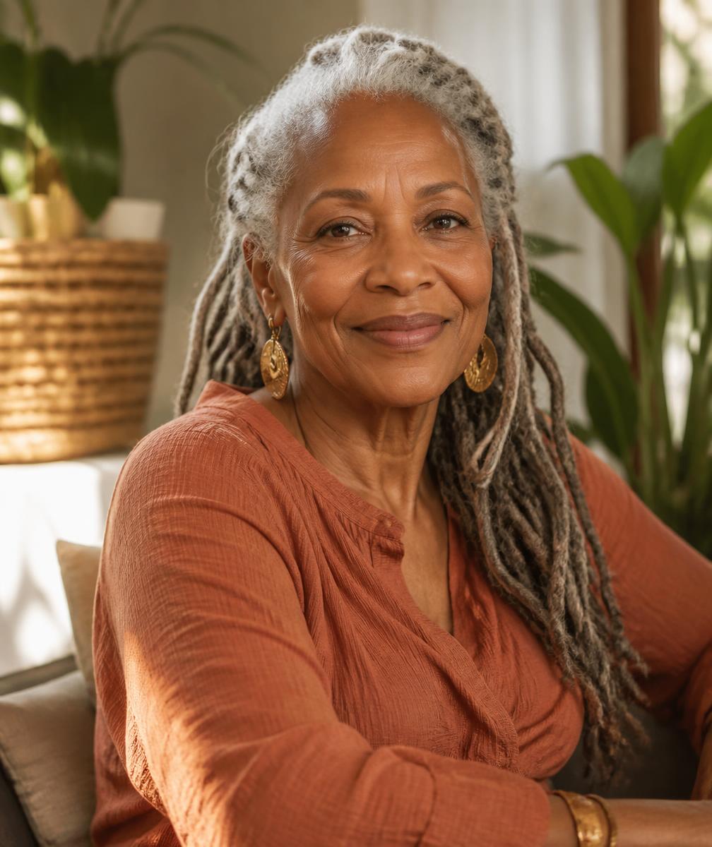 Portrait of an elder Black woman with silver locs, smiling in a sunlit room