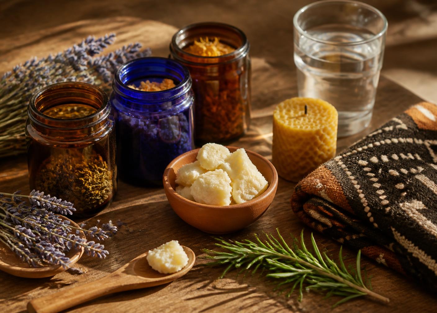 Glass jars of herbs, shea butter in a terracotta bowl, dried lavender, a beeswax candle and mudcloth on a wooden table